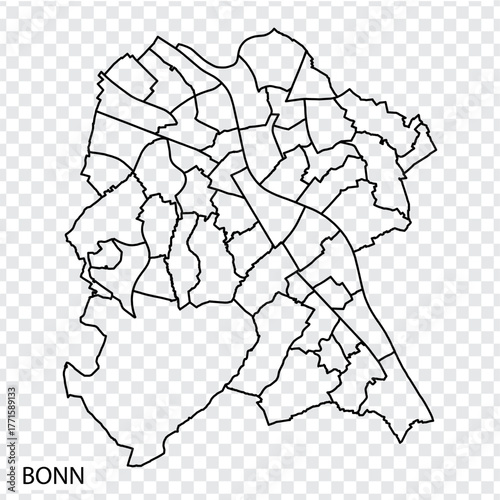 High Quality map of Bonn is a city  The Germany, with borders of the districts. Map of Bonn for your web site design, app, UI. EPS10.