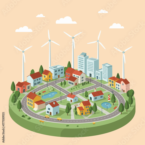 Isometric view of a modern city with wind turbines and green spaces.