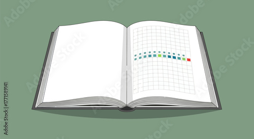 An open book, revealing pages with a grid and colorful, horizontal bars, set on green