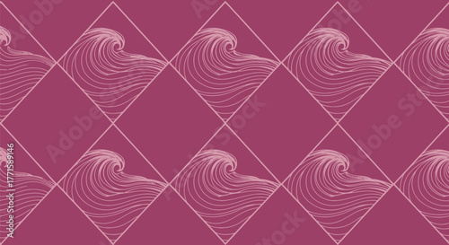 Repeating pattern features swirling wave illustrations enclosed within diamond shapes. Color palette is rose tones