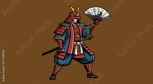 A stylized Japanese warrior, katana & fan in hand, stands confidently