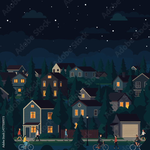 Night scene of people walking and cycling in a residential area.