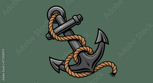 A detailed cartoon illustration of a metal anchor with a rope around it