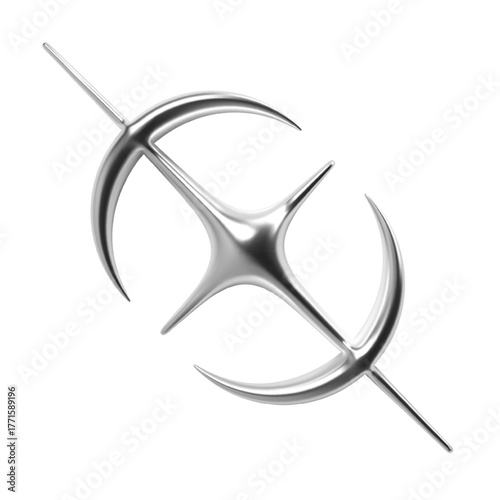 Futuristic Y2K 3D chrome metallic shape with star and dual crescents