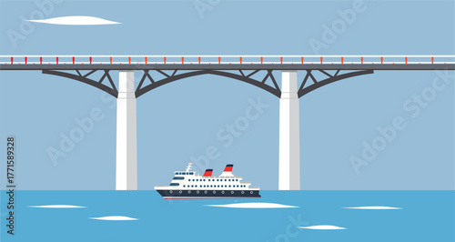 Sea Transportation Concept Bridge Over Sea with Cruise Ship Vector Illustration. Coastal Bridge Architecture with Cruise Ship Vector Art.