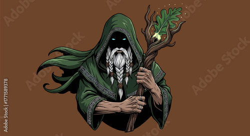 A hooded figure with a long white beard and staff with a glowing leaf
