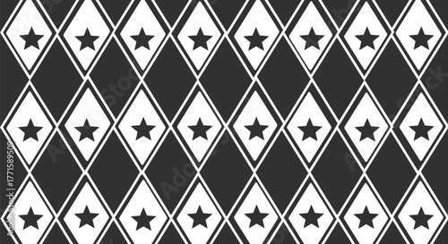 A repeating pattern featuring white diamond shapes with star-filled interiors on a dark gray backdrop