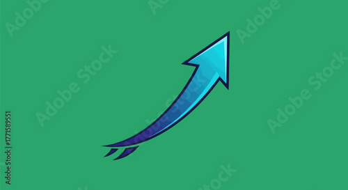 A stylized blue arrow pointing upwards against a green backdrop, with a slight curve