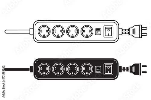 Illustration of two power strips, one in black and one in white, isolated on white background, featuring multiple outlets and a power switch for electrical connectivity