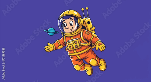 Cartoon astronaut floats in space near a planet, with orange suit and yellow helmet