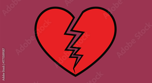 A cartoon heart split by a jagged line, set against a dark reddish-purple backdrop