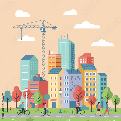 Cityscape illustration with people walking and cycling on the street.