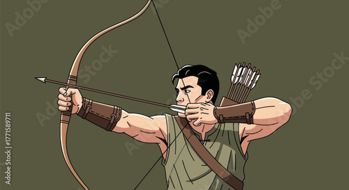 A pixelated archer, clad in tunic and arm guards, draws back bow to aim