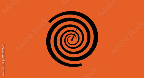 A black spiral with a needle-like design on an orange background