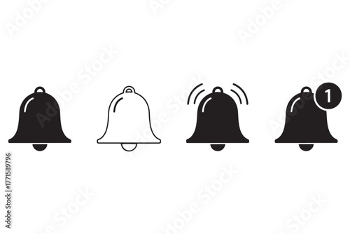 Notification bell vector set isolated on white background, showcasing different states and alerts, ideal for user interface and app design elements