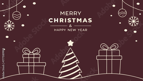 Wallpaper Mural 🎄 Merry Christmas card design with a festive tree, snow, and a ribbon-wrapped gift box for the holiday season celebration Torontodigital.ca