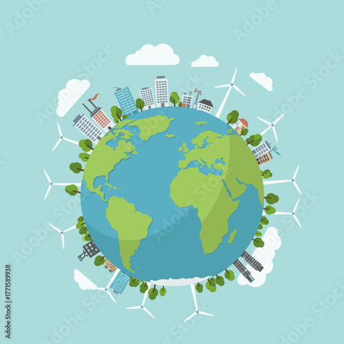 Globe with wind turbines, solar panels, and city buildings.