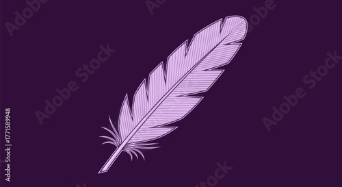 A light purple feather illustration on a dark purple background, detailed and stylized
