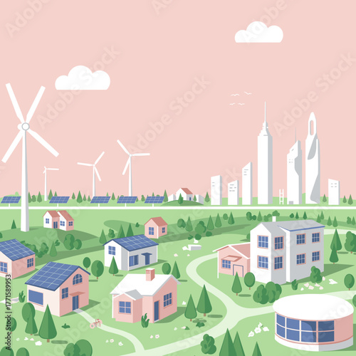 Eco friendly town with wind turbines, solar panels, and green spaces.