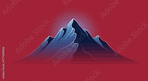Stylized mountain range illustration with a gradient sun setting over a deep red background