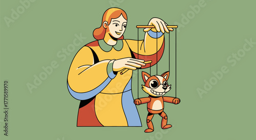 A woman in a colorful dress manipulates a fox puppet with a cheerful expression