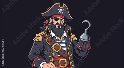 A stern-faced pirate with a black beard, eye patch, hook hand, and tricorn hat