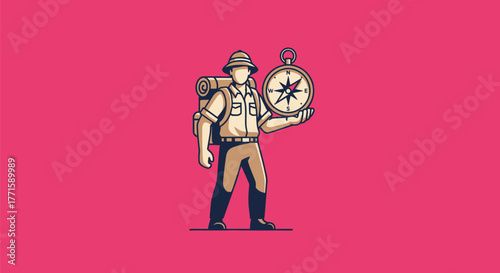 Illustration of an explorer with a compass and backpack, set against a pink background