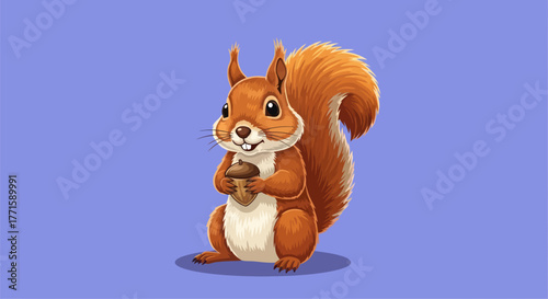 Animated cartoon squirrel with a nut, on a purple-blue background, smiling