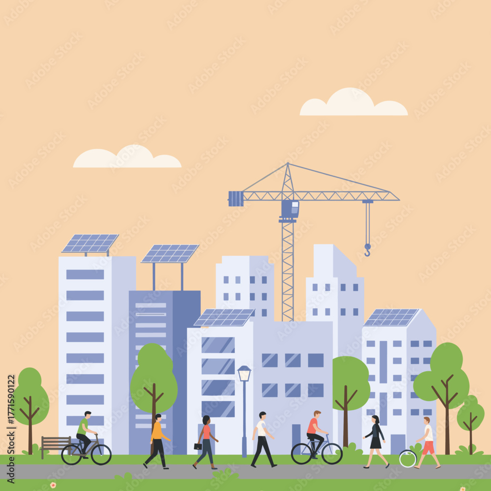 Obraz premium Cityscape with solar panels, crane, people walking and riding bicycles.