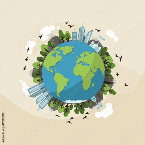 Globe with city, trees, and birds. Concept for environment.