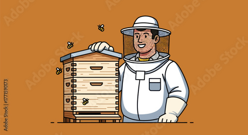 A smiling beekeeper in protective gear near a multi-tiered wooden beehive with flying bees