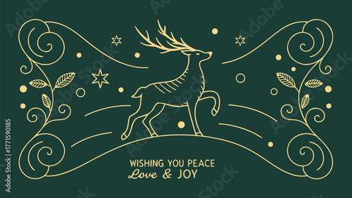 Vector illustration of a vintage Christmas and New Year greeting card design featuring a silhouette of a deer or reindeer with snowflakes and a winter pattern
