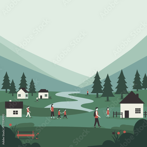 People enjoying nature in a mountain valley with houses and trees.