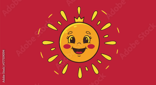 A cartoon sun with a crown, rays, and rosy cheeks against a red background