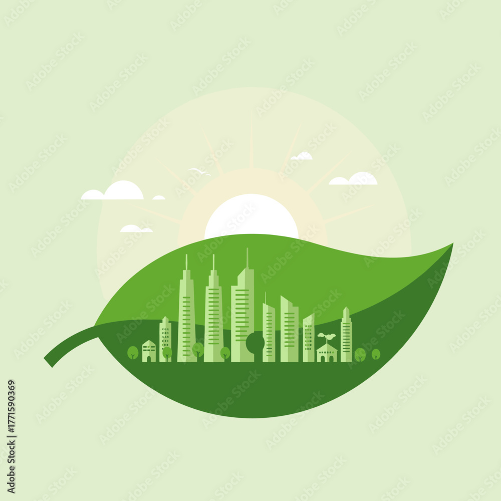 Obraz premium Green city skyline inside leaf. Ecological development concept.