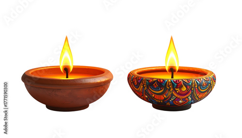3D Diya Oil Lamp Set with Flame Glow isolated on transparent background