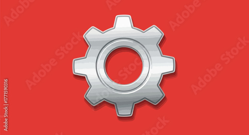 A stylized silver gear graphic, centered, set against a solid red backdrop