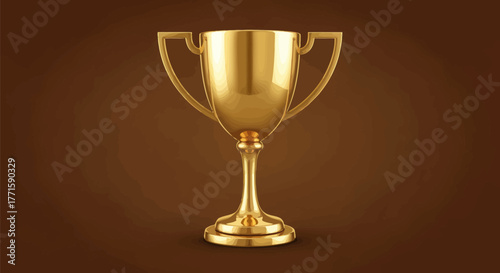 A shiny gold trophy stands prominently against a gradient brown backdrop