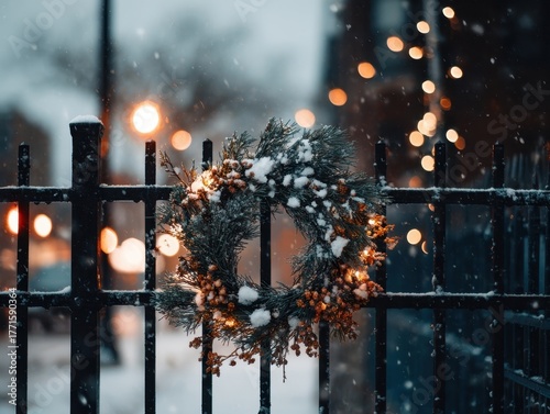 Winter Wreath Adorned with Snow and Warm Lights on Metal Fence with Blurry Background Illumination, Outdoor Holiday Scene