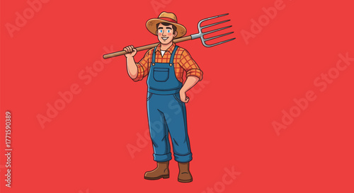 A smiling farmer stands holding a pitchfork on his shoulder, wearing overalls and a straw hat