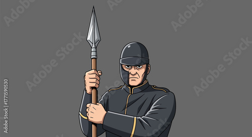 A stern soldier in uniform holds a spear. Pixel art style, focused on his face