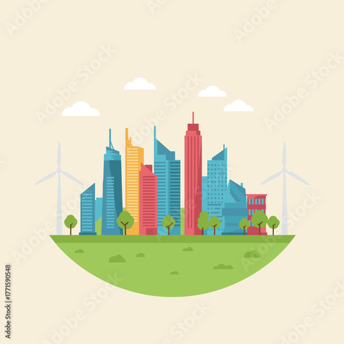 Modern city skyline with wind turbines and green space concept.