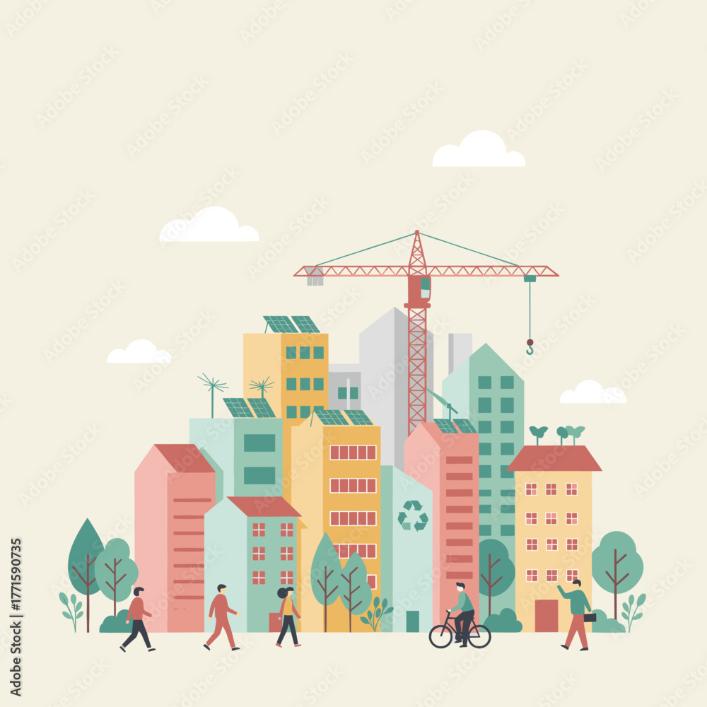 Obraz premium Green city with solar panels, wind turbines, and people walking.