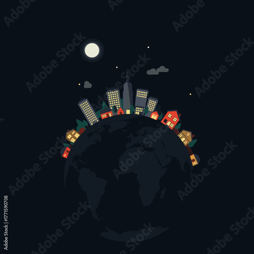 World globe with city and houses at night under moonlight sky.