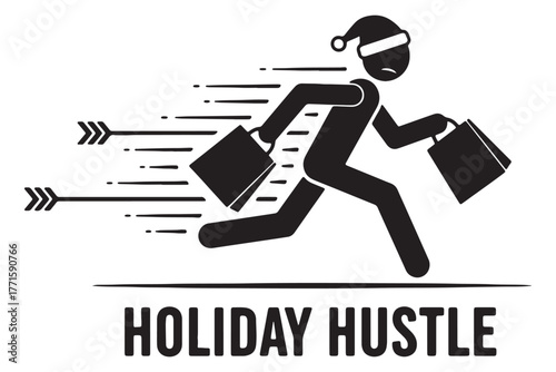 Holiday hustle illustration isolated on white background, depicting the frantic rush and energy associated with shopping and preparations during the festive season