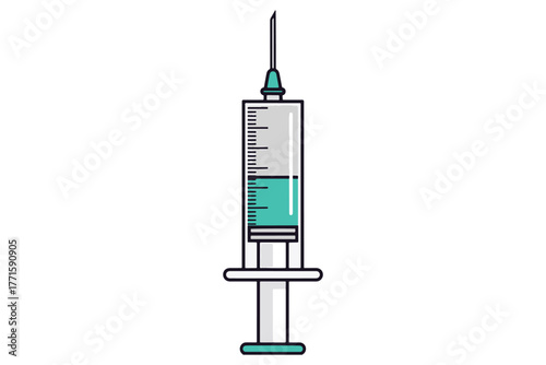 A medical syringe filled with a vibrant blue liquid isolated on white background, symbolizing healthcare, vaccination, and the precision of medical procedures