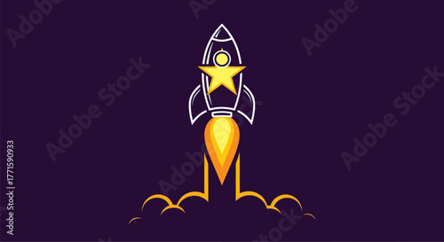 A minimalist illustration features a rocket launching with a star in the middle, over a dark background