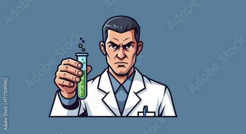 A stern scientist in a lab coat holds a test tube filled with green liquid