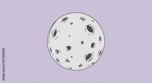 A cartoon crescent moon with craters on a lavender background