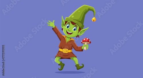 A happy green creature in a brown tunic, green hat, holding a mushroom and on a purple background